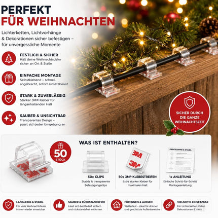 50x Selbstklebende Clips für Lichterketten & Lichtvorhänge – Klebehaken mit Klebestreifen zur Befestigung von Weihnachtsbeleuchtung (50x Klebehaken)
