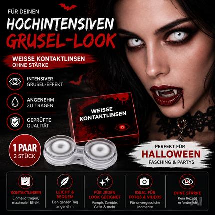 Weiße Farbige & Geprüfte Kontaktlinsen - Gruselige Tageslinsen für Halloween & Fasching - ohne Stärke - Vampir & Dracula (weiß, 1 Paar / 2 Stück)