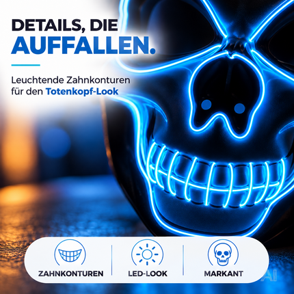 LED Halloween Totenkopf Maske im Purge-Stil, steuerbare Leuchtmaske für Herren & Damen, Kostüm-Accessoire für Fasching & Karneval (LED Totenkopf - Blau)