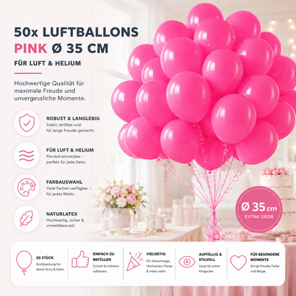 50x Luftballons pink Ø 35 cm für Geburtstag & Hochzeit & Party - Luft & Helium
