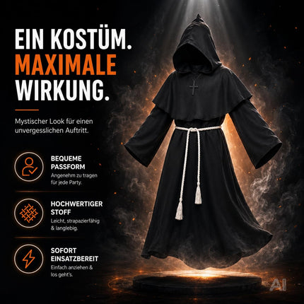 Schwarze Mönch Robe Erwachsene – Halloween Kostüm mit Kapuze