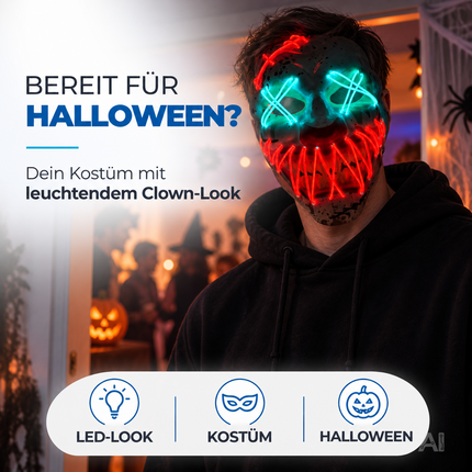 LED Halloween Clown Maske im Purge-Stil, steuerbare Leuchtmaske mit leuchtendem Gesicht für Herren & Damen, Kostüm-Accessoire für Fasching & Karneval (LED Horror Clown)