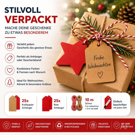 50x Weihnachtsanhänger mit 10 m Schnur – Geschenkanhänger zum Verzieren von Weihnachtsgeschenken, Geschenkdeko für Weihanchten & Advent (50 Set - Mod. 02)