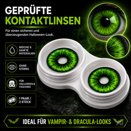 Grün Farbige & Geprüfte Kontaktlinsen - Grußlige Tageslinsen für Halloween & Fasching - ohne Stärke - Vampir & Dracula (Grün, 1 Paar / 2 Stück)