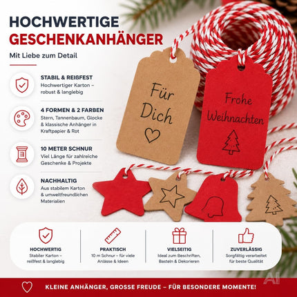 50x Weihnachtsanhänger mit 10 m Schnur – Geschenkanhänger zum Verzieren von Weihnachtsgeschenken, Geschenkdeko für Weihanchten & Advent (50 Set - Mod. 01)