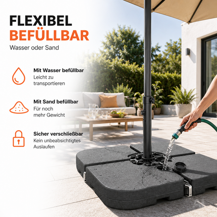 Befüllbare Schirmgewichte für einen Ampelschirm – beim Befüllen mit Wasser
