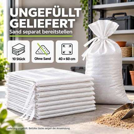 10x Sandsack 40x60 cm zum Wasserschutz bei Hochwasser - Hochwasserschutz mit Schnürband - Sack & Gewebesack ungefüllt