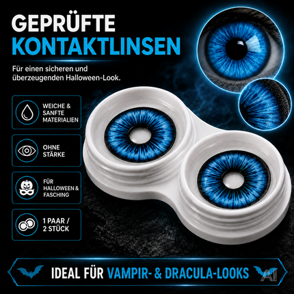 Blau Farbige & Geprüfte Kontaktlinsen - Gruselige Tageslinsen für Halloween & Fasching - ohne Stärke - Vampir & Dracula (Blau, 1 Paar / 2 Stück)