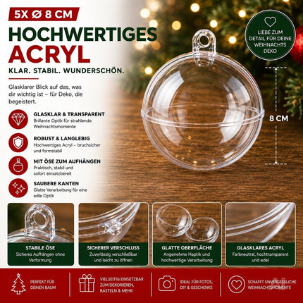 5x Weihnachtskugeln aus Kunststoff – Transparente Acrylkugeln in Glasoptik mit Aufhängeöse, Christbaumschmuck & Weihnachtsdeko - Weihnachten & Advent (5x Ø 8 cm)