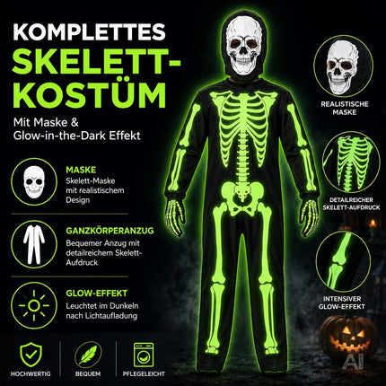 Kinder Skelett Kostüm – Halloween Verkleidung mit Leuchteffekt