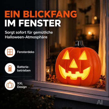 LED Kürbis Halloween Deko mit Beleuchtung – Leuchtender Halloween Kürbis aus Kunststoff für Fenster, Wohnzimmer, Garten & Balkon