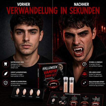 XXL Vampirzähne zum Aufstecken & Aufkleben – Vampirzähne für Dracula- & Vampirkostüm – Halloween, Karneval & Mottoparty