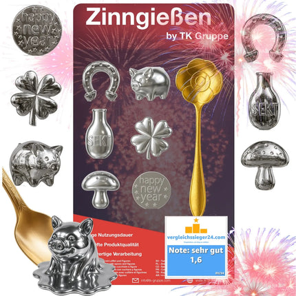 7er Zinngießen Set Zinn Giessen wie Bleigießen mit Löffel & Orakelheft - Gesellschaftspiele