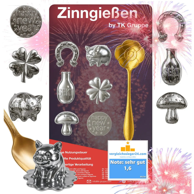 7er Zinngießen Set Zinn Giessen wie Bleigießen mit Löffel & Orakelheft - Gesellschaftspiele