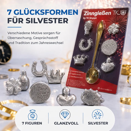 7er Zinngießen Set Zinn Giessen wie Bleigießen mit Löffel & Orakelheft - Gesellschaftspiele