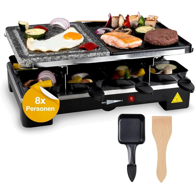 8 Personen Raclette Set - Tischgrill inkl. Pfännchen & Schaber - Grillplatte & Steinplatte antihaftbeschichtet - 1400 Watt - - ECKIG