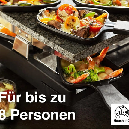 8 Personen Raclette Set - Tischgrill inkl. Pfännchen & Schaber - Grillplatte & Steinplatte antihaftbeschichtet - ECKIG