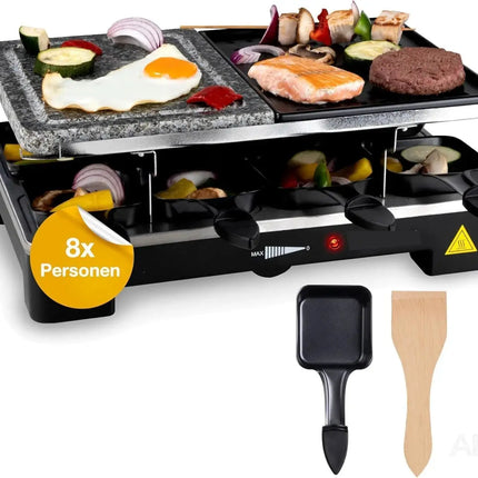 8 Personen Raclette Set - Tischgrill inkl. Pfännchen & Schaber - Grillplatte & Steinplatte antihaftbeschichtet - ECKIG