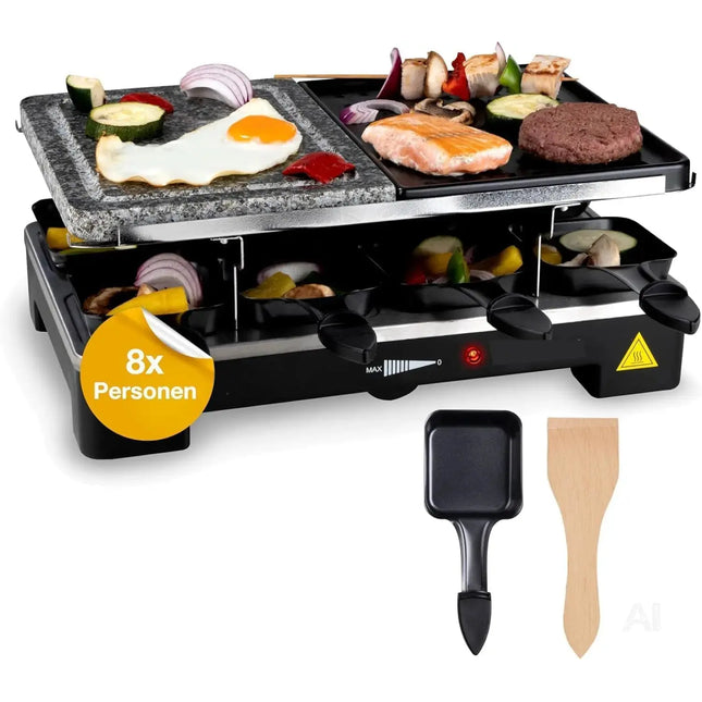 8 Personen Raclette Set - Tischgrill inkl. Pfännchen & Schaber - Grillplatte & Steinplatte antihaftbeschichtet - ECKIG