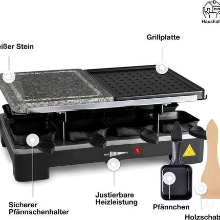 8 Personen Raclette Set - Tischgrill inkl. Pfännchen & Schaber - Grillplatte & Steinplatte antihaftbeschichtet - ECKIG