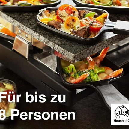 8 Personen Raclette Set - Tischgrill inkl. Pfännchen & Schaber - Grillplatte & Steinplatte antihaftbeschichtet - ECKIG