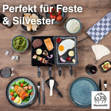 8 Personen Raclette Set - Tischgrill inkl. Pfännchen & Schaber - Grillplatte & Steinplatte antihaftbeschichtet - ECKIG