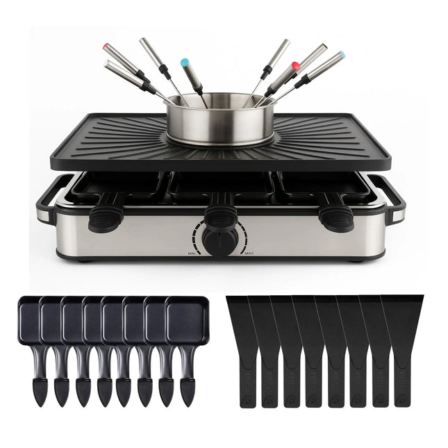 8 Personen Raclette & Fondue Set - Tischgrill inkl. Pfännchen & Schaber
