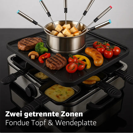 8 Personen Raclette & Fondue Set - Tischgrill inkl. Pfännchen & Schaber