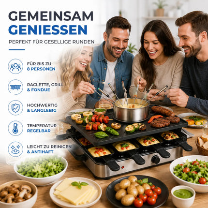 8 Personen Raclette & Fondue Set - Tischgrill inkl. Pfännchen & Schaber