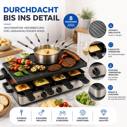 8 Personen Raclette & Fondue Set - Tischgrill inkl. Pfännchen & Schaber