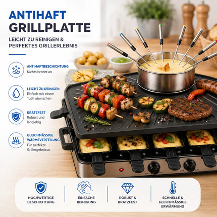 8 Personen Raclette & Fondue Set - Tischgrill inkl. Pfännchen & Schaber