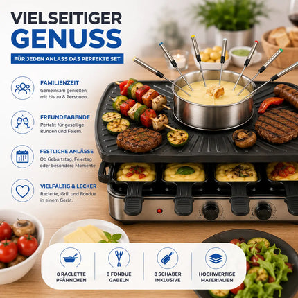 8 Personen Raclette & Fondue Set - Tischgrill inkl. Pfännchen & Schaber