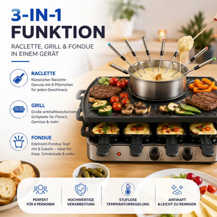 8 Personen Raclette & Fondue Set - Tischgrill inkl. Pfännchen & Schaber