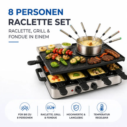 8 Personen Raclette & Fondue Set - Tischgrill inkl. Pfännchen & Schaber