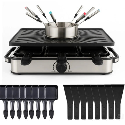 8 Personen Raclette & Fondue Set - Tischgrill inkl. Pfännchen & Schaber
