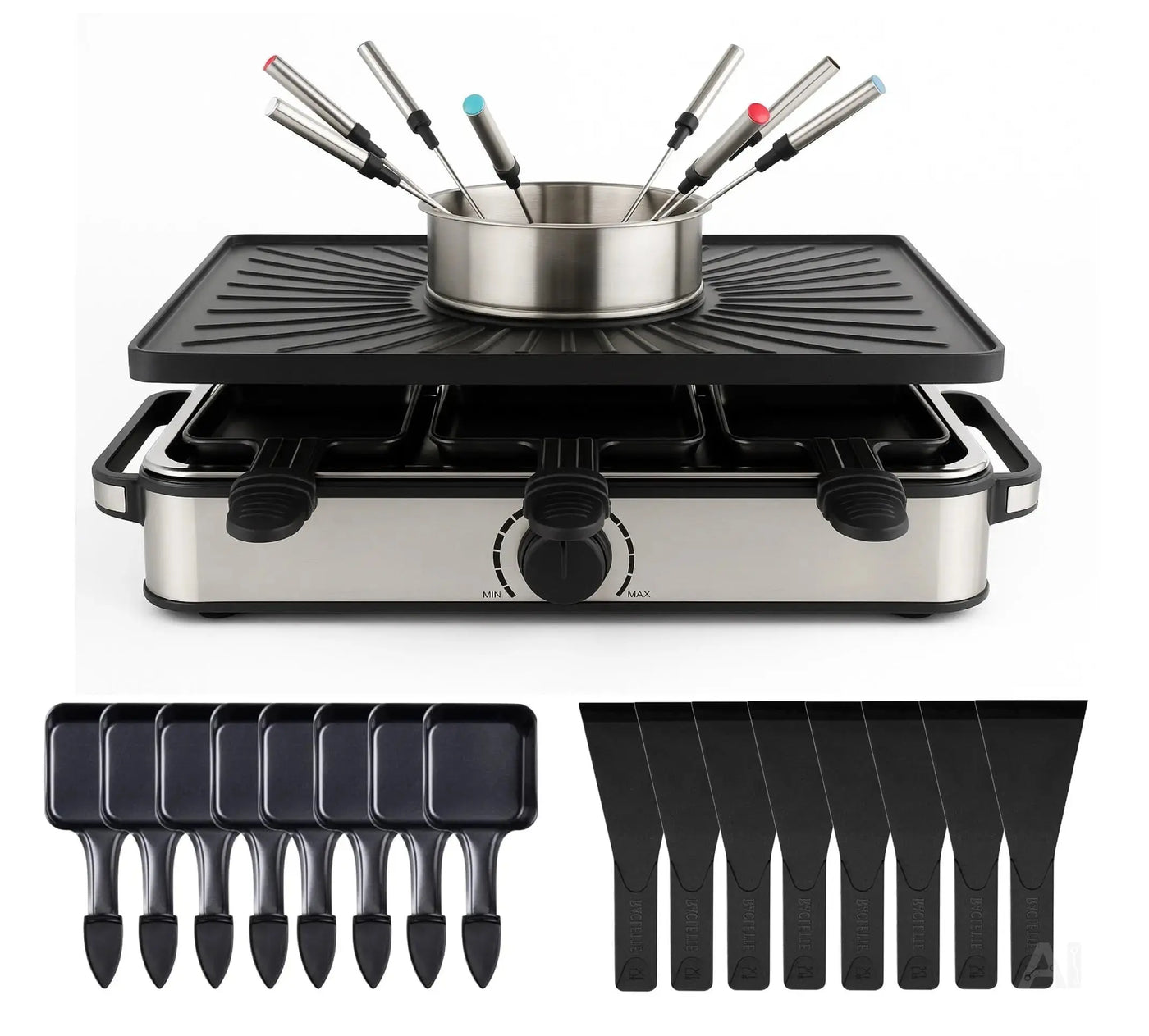 8 Personen Raclette & Fondue Set - Tischgrill inkl. Pfännchen & Schaber