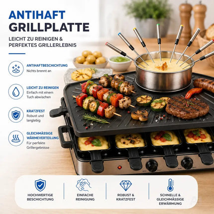 8 Personen Raclette & Fondue Set - Tischgrill inkl. Pfännchen & Schaber