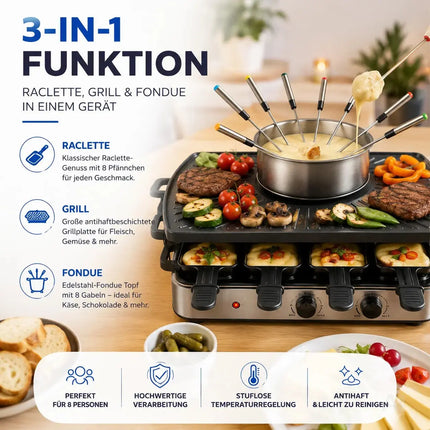 8 Personen Raclette & Fondue Set - Tischgrill inkl. Pfännchen & Schaber