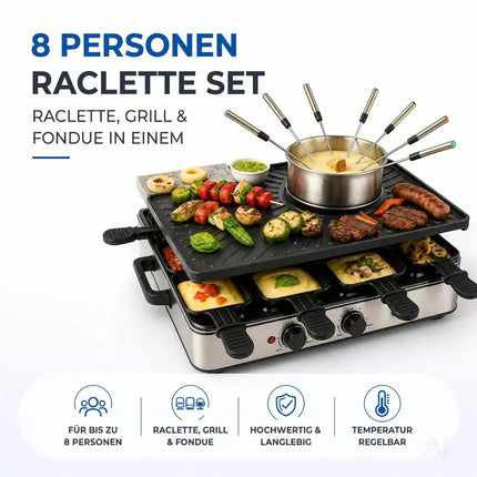 8 Personen Raclette & Fondue Set - Tischgrill inkl. Pfännchen & Schaber