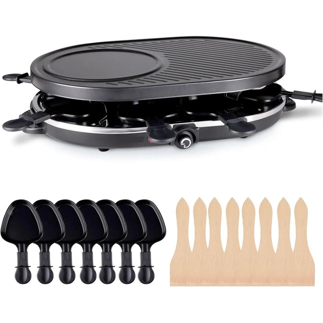8 Raclette Personen Set Grill rund oval - Tischgrill inkl. Pfännchen & Schaber & Grillplatte & Crepes Funktion 1200 Watt - RUND