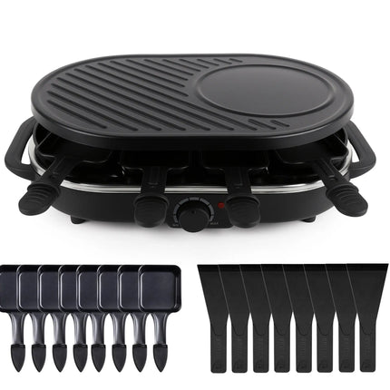 8 Raclette Personen Set Grill rund oval - Tischgrill inkl. Pfännchen & Schaber & Grillplatte & Crepes Funktion 1200 Watt - RUND