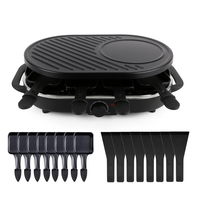 8 Raclette Personen Set Grill rund oval - Tischgrill inkl. Pfännchen & Schaber & Grillplatte & Crepes Funktion 1200 Watt - RUND