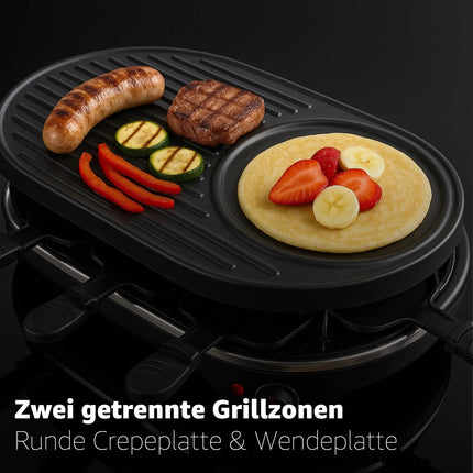 8 Raclette Personen Set Grill rund oval - Tischgrill inkl. Pfännchen & Schaber & Grillplatte & Crepes Funktion 1200 Watt - RUND