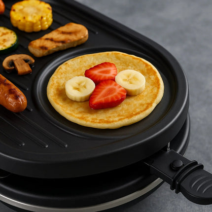 8 Raclette Personen Set Grill rund oval - Tischgrill inkl. Pfännchen & Schaber & Grillplatte & Crepes Funktion 1200 Watt - RUND