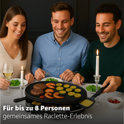 8 Raclette Personen Set Grill rund oval - Tischgrill inkl. Pfännchen & Schaber & Grillplatte & Crepes Funktion 1200 Watt - RUND