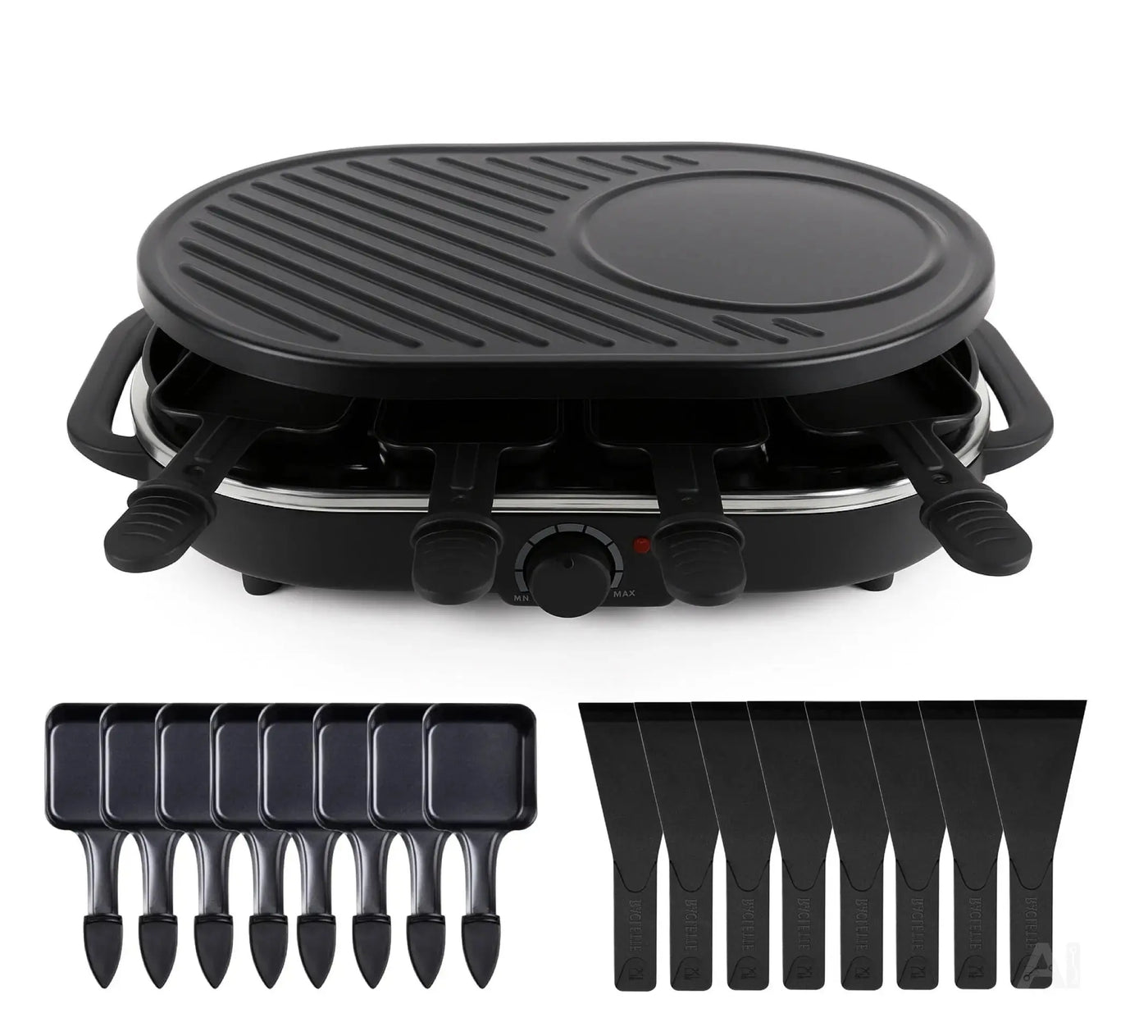 8 Raclette Personen Set Grill rund oval - Tischgrill inkl. Pfännchen & Schaber & Grillplatte & Crepes Funktion 1200 Watt - RUND