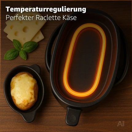 8 Raclette Personen Set Grill rund oval - Tischgrill inkl. Pfännchen & Schaber & Grillplatte – Detailansicht 3