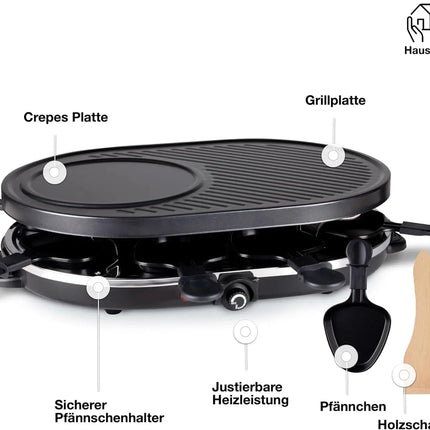 8 Raclette Personen Set Grill rund oval - Tischgrill inkl. Pfännchen & Schaber & Grillplatte & Crepes Funktion mit Steinplatte - RUND