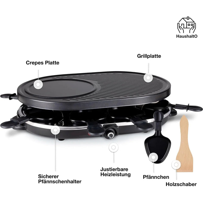 8 Raclette Personen Set Grill rund oval - Tischgrill inkl. Pfännchen & Schaber & Grillplatte & Crepes Funktion mit Steinplatte - RUND