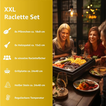 8 Raclette Personen Set Grill rund oval - Tischgrill inkl. Pfännchen & Schaber & Grillplatte & Crepes Funktion mit Steinplatte - RUND